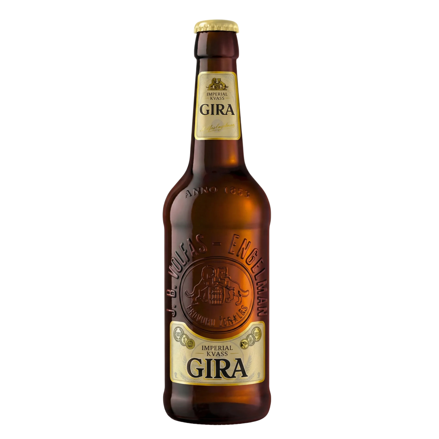 Brown Kvass bottle with Gira label on a white background