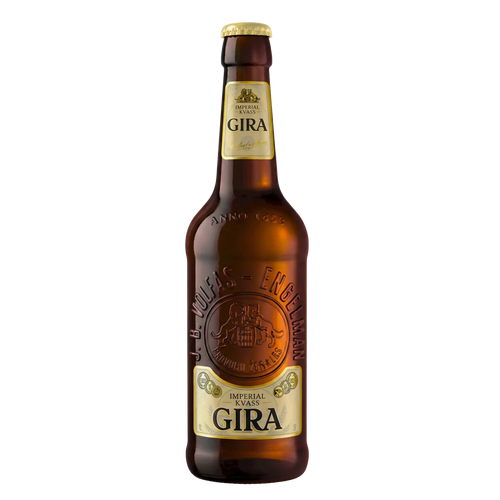 Brown Kvass bottle with Gira label on a white background