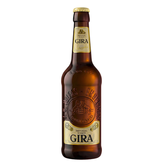 Brown Kvass bottle with Gira label on a white background